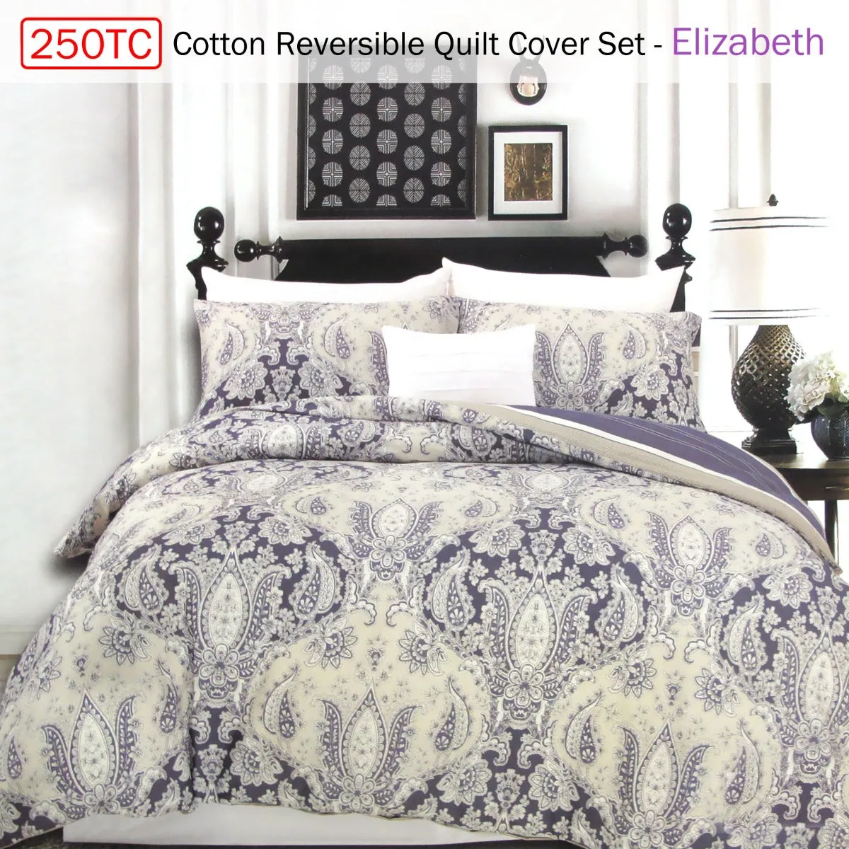 250TC Cotton Reversible Quilt Cover Set | Elizabeth | Queen