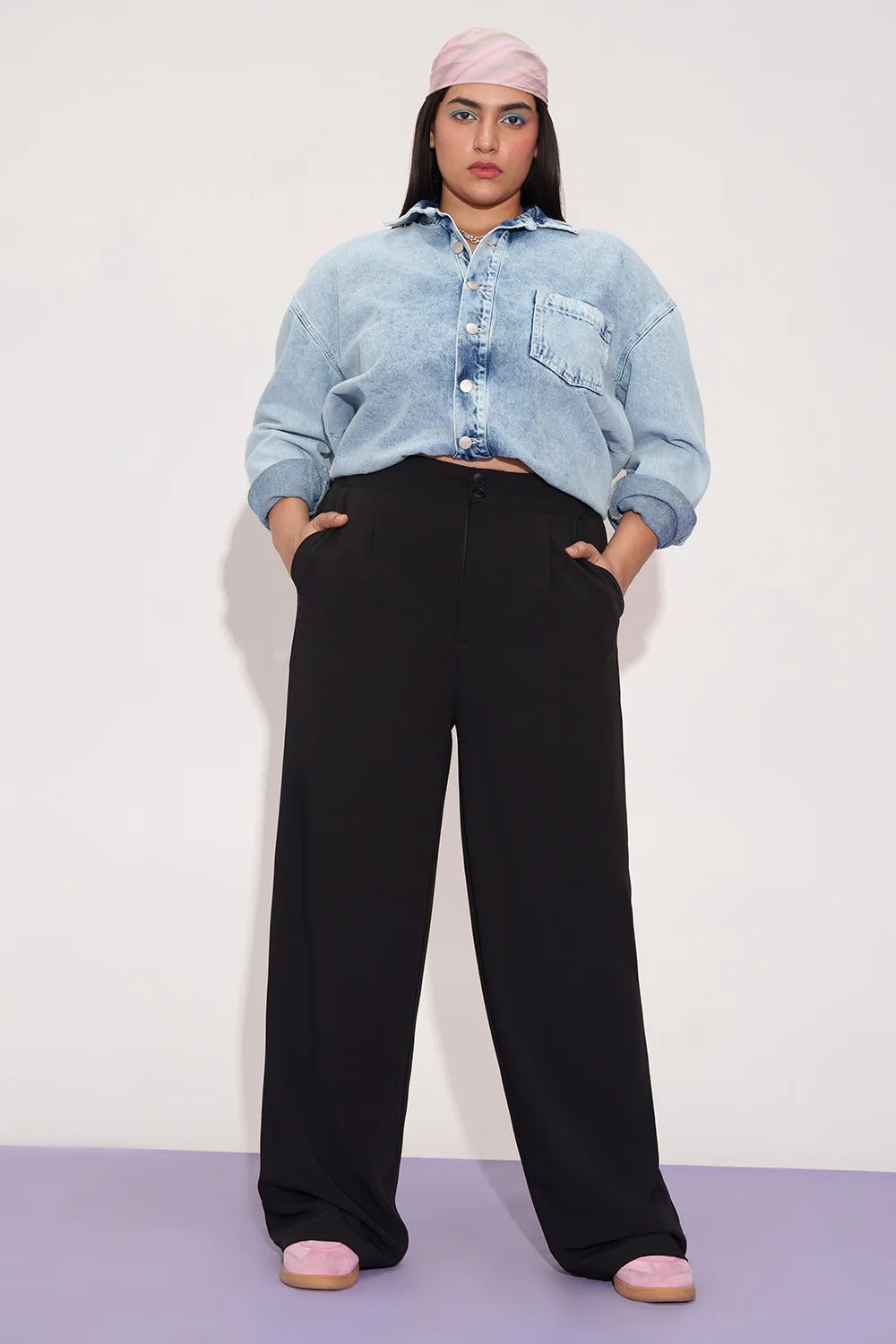 Luna Night Curve Pleated Double Button Korean Pants