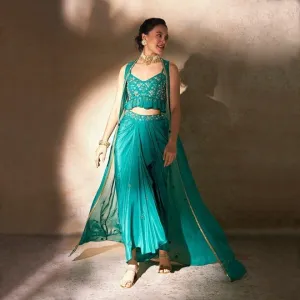 Women Crepe Vneck Embellished Regular Fit Skirt Set Green