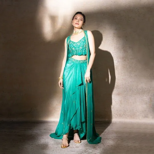 Women Crepe Vneck Embellished Regular Fit Skirt Set Green
