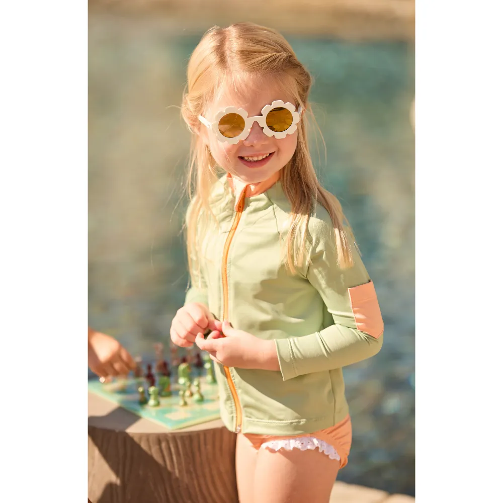 Zip Front Rash Guard with Pocket -- Green with Orange