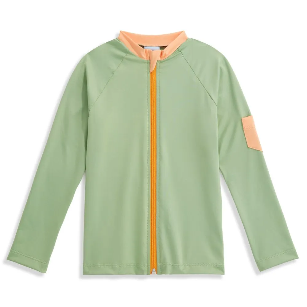 Zip Front Rash Guard with Pocket -- Green with Orange