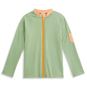 Zip Front Rash Guard with Pocket -- Green with Orange